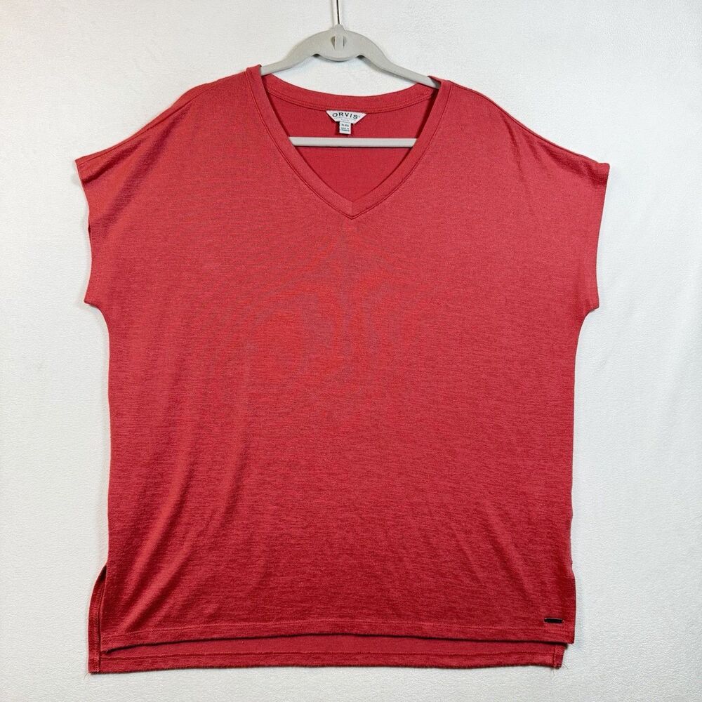 Orvis Coral V Neck Top Womens XL Cap Sleeve Knit Tunic Hi Low Hem Stretch